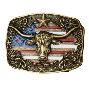 Bältespänne med tjurhuvud och USA-flagga i westernstil