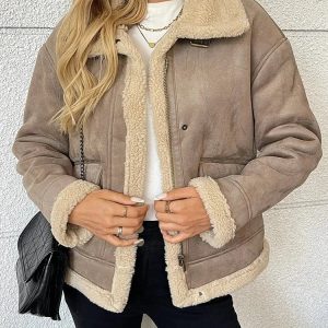 Beige shearling jacka dam med fuskpäls