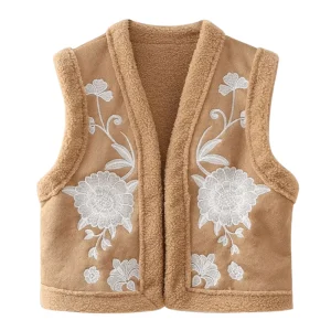 Beige Teddyväst med Vita Broderier