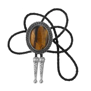 Bolo tie med stor oval sten och handflätad läderrem