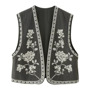 Broderad Dam Väst med Blommönster Svartvit Vintage Crop