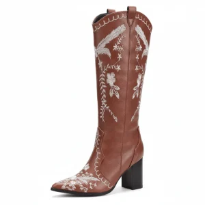 Brun broderade cowboyboots tå och hög klack 8cm