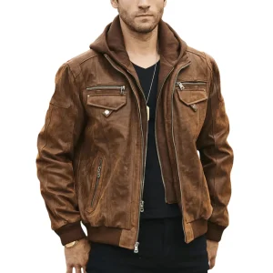 Brun läder jacka med huva herr