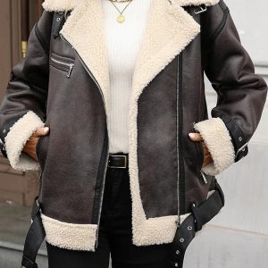 Brun shearlingjacka dam i skinnimitation