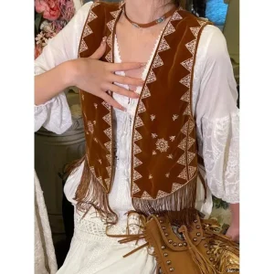 Brun Väst med Etniskt Broderi och Fransdetaljer