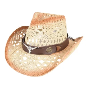 Cowboyhatt i flätad halm med tjurdetalj