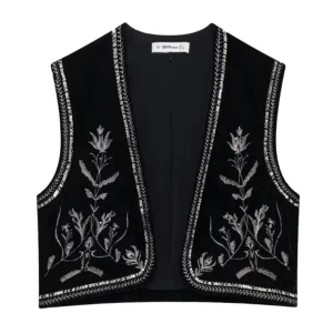 Elegant Broderad Väst i Svart