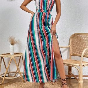 Färgglad randig one shoulder-klänning med hög slits