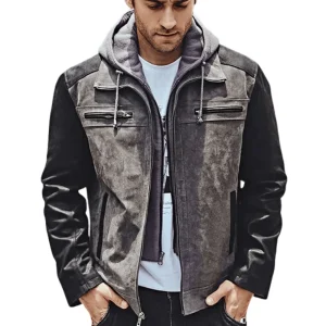 Grå läder jacka med huva herr