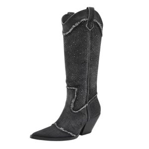 Höga Cowboyboots i Denim med Strass