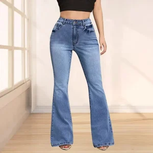 Högmidjade blå flare jeans med rosett-broderi för dam