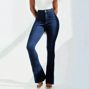 Högmidjade mörkblå flare jeans