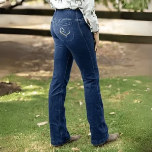 Mörkblå bootcut jeans med broderat hjärta och hästmotiv