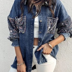 Oversize jeansjacka dam med paljetter