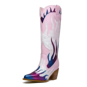 Rosa Höga Cowgirl Boots med Flammor