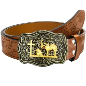 Retropräglat westernbälte i läder med djurmotiv och guldfärgat spänne