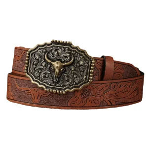 Rustikt cowboybälte i präglat läder med Tjurhuvud-Spänne