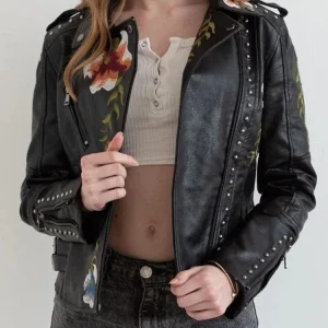 Svart bikerjacka dam med broderi