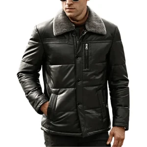 Svart dun puffer jacka herr i läder