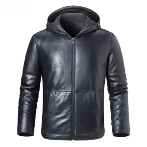 Svart läder dun hoodie jacka herr