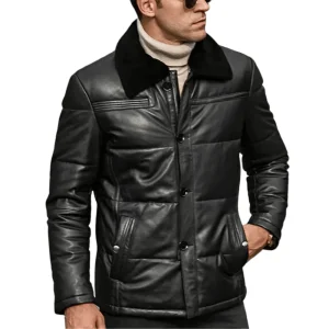 Svart läder dun jacka herr med pälskrage