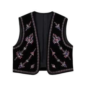 Svart Sammetsväst med Rosa Lila Silver Paljetter Broderi