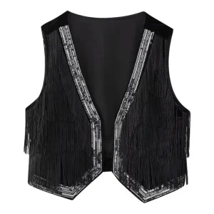 Svart Sammetväst med Paljetter och Fransar