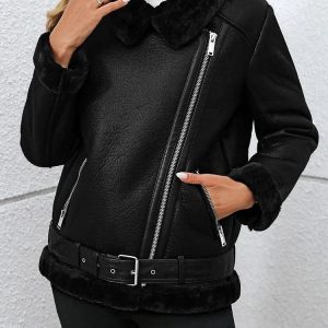 Svart shearling bikerjacka dam