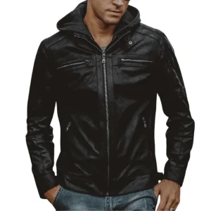 Svart skinn mc jacka med huva