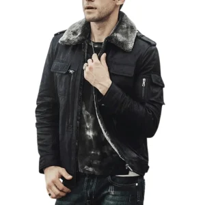 Svart skinn shearling jacka herr