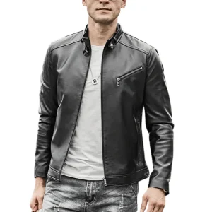 Svart slim fit läder jacka herr