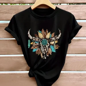 Svart tshirt med buffelkranium fjädrar