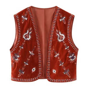 Vintage-inspirerad Dam Väst i Sammet med Blombroderi