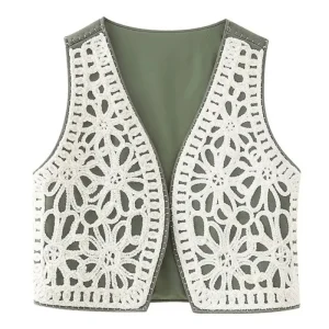 Virkad Sommarväst för Dam med Grön Bas och Vita Blommönster