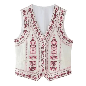Vit Broderad Väst Dam med Etniskt Blommönster