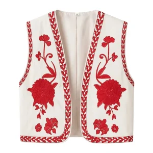 Vit Broderad Väst med Röda Blommor