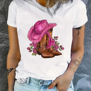 Vit tshirt med rosa cowboyhatt och boots