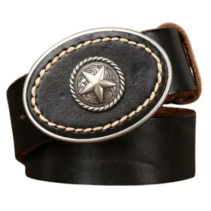 Westernbälte i Äkta Läder med Rund Spännesdesign och Vintage-känsla