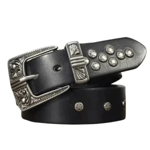 Westernbälte i äkta läder med stjärnnitar och vintage-spänne