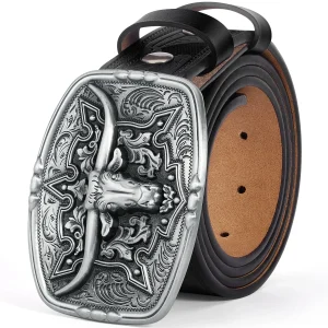 Westernbälte i präglat läder med oxhuvudspänne och blommönster