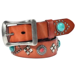 Westernbälte i präglat läder med vintageinspirerad sten- och nitdekor