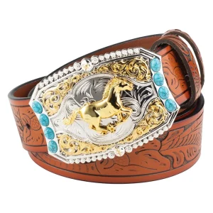 Westernbälte i tvålagersläder med guldpräglat hästmotiv och turkosa detaljer