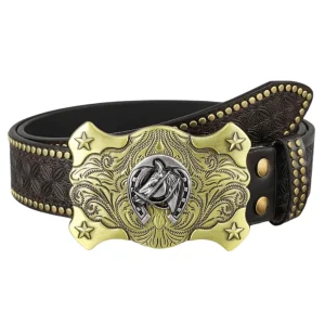 Westernbälte med Präglad Design och Unika Spännen i Metall