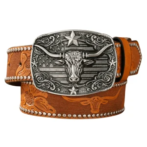 Westernbälte med präglat longhornsspänne