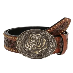 Westernbälte med Rosspänne i Brunt Präglat läder