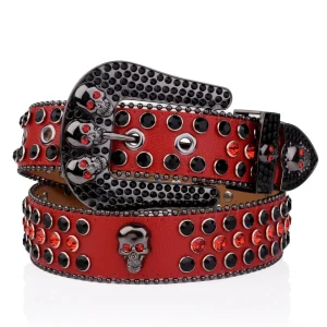 Westernbälte Rött med Dödskallar, Nitar och Strass